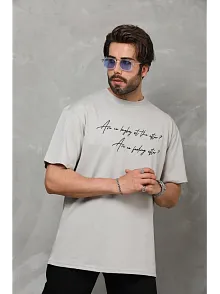 Erkek Kısa Kol Yazlık Tişört Bisiklet Yaka Baskılı Oversize T-shirt - Gri