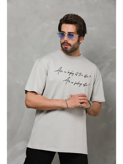 Erkek Kısa Kol Yazlık Tişört Bisiklet Yaka Baskılı Oversize T-shirt - Gri