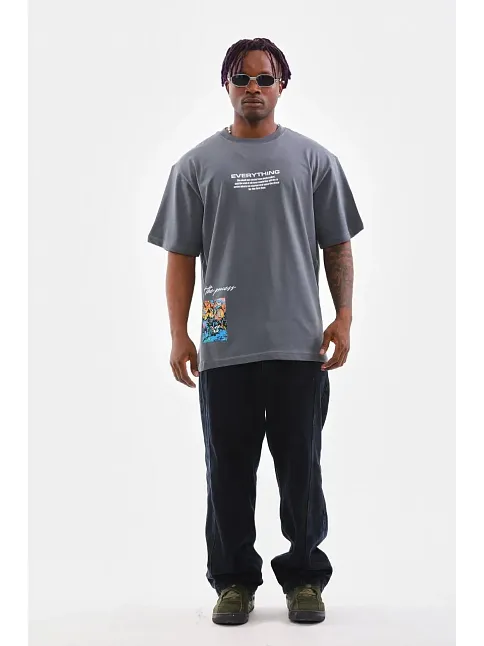 Erkek Tişort  Bisiklet Yaka Baskılı Oversize T-shirt - Gri