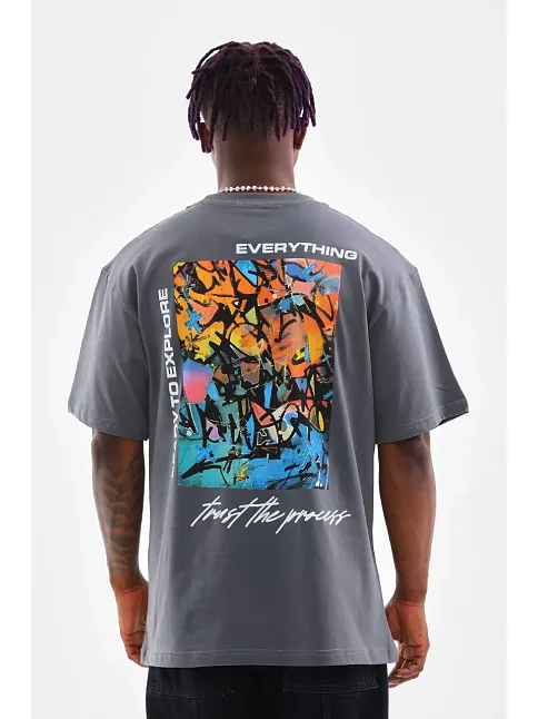 Erkek Tişort  Bisiklet Yaka Baskılı Oversize T-shirt - Gri
