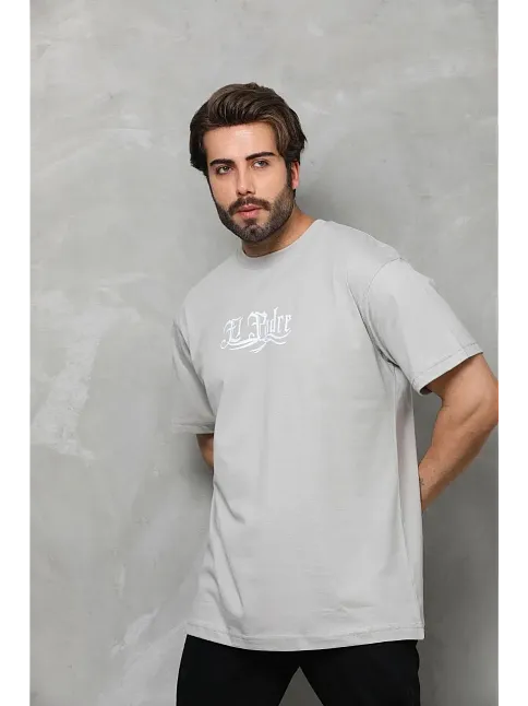 Erkek Kısa Kol Yazlık Tişört Bisiklet Yaka Baskılı Oversize T-shirt - Gri