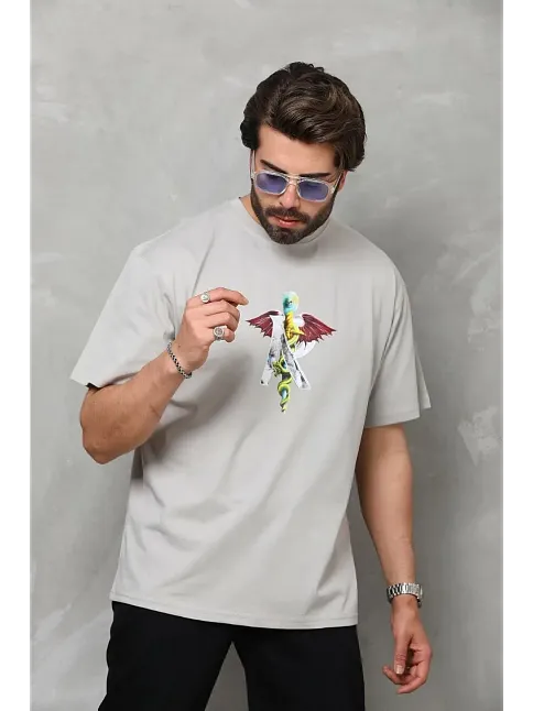Erkek Baskılı T-shirt Kısa Kol Bisiklet Yaka Regular Fit Rahat Kalıp Tişört -  Gri