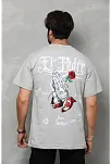 Erkek Kısa Kol Yazlık Tişört Bisiklet Yaka Baskılı Oversize T-shirt - Gri
