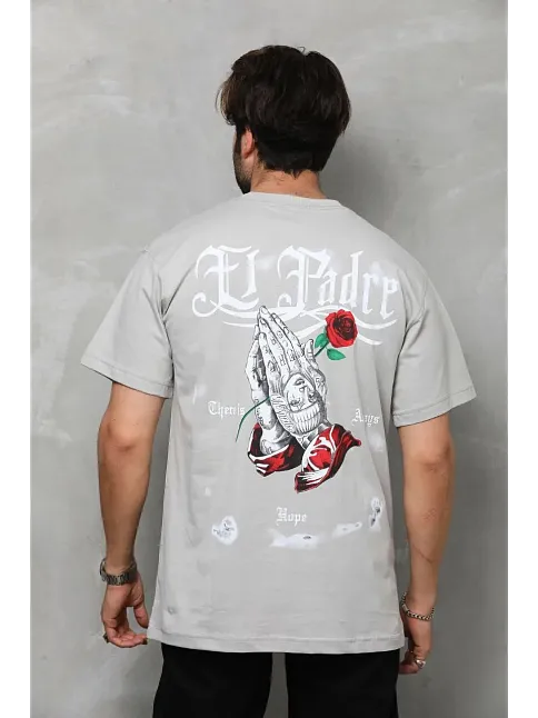 Erkek Kısa Kol Yazlık Tişört Bisiklet Yaka Baskılı Oversize T-shirt - Gri