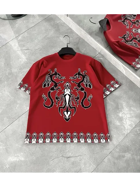 Erkek  Kısa Kol Bisiklet Yaka Baskılı Oversize T-shirt - Kırmızı