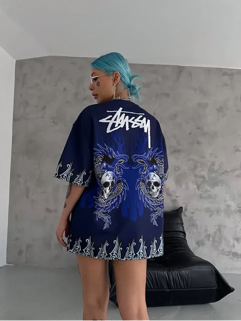 Unisex Bisiklet Yaka Baskılı Oversize T-shirt - Lacivert