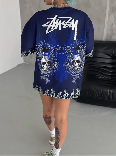 Unisex Bisiklet Yaka Baskılı Oversize T-shirt - Lacivert