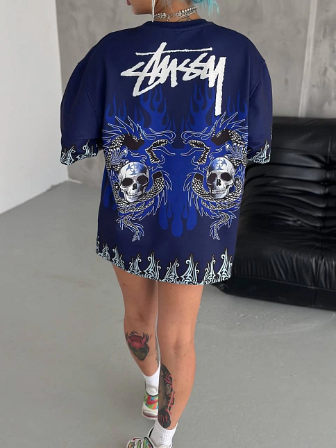 Unisex Bisiklet Yaka Baskılı Oversize T-shirt - Lacivert