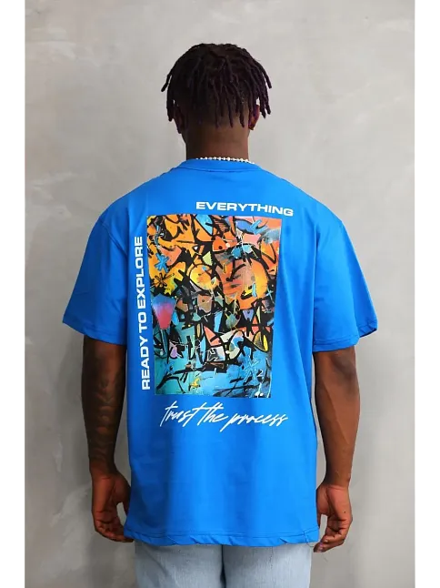 Erkek Bisiklet Yaka Baskılı Oversize T-shirt - Mavi