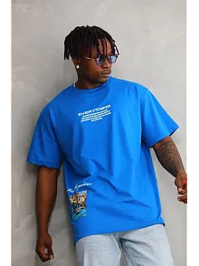 Erkek Bisiklet Yaka Baskılı Oversize T-shirt - Mavi