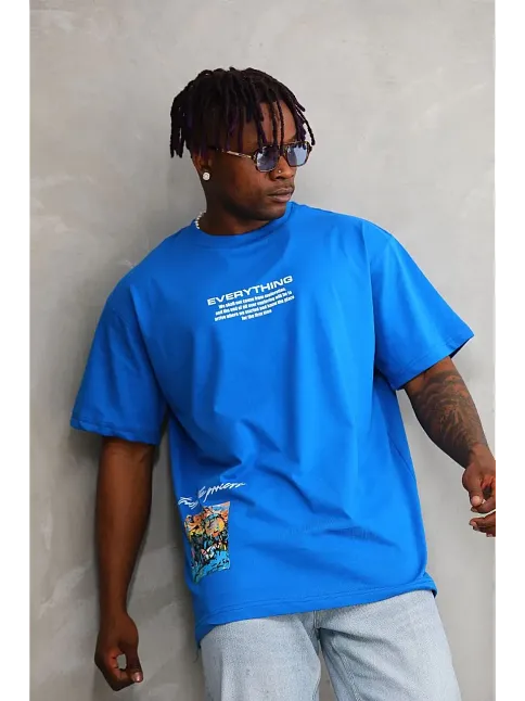 Erkek Bisiklet Yaka Baskılı Oversize T-shirt - Mavi