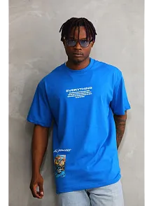 Erkek Bisiklet Yaka Baskılı Oversize T-shirt - Mavi