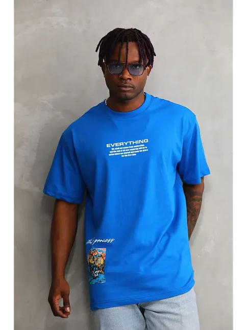 Erkek Bisiklet Yaka Baskılı Oversize T-shirt - Mavi