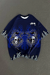 Unisex Bisiklet Yaka Baskılı Oversize T-shirt - Lacivert