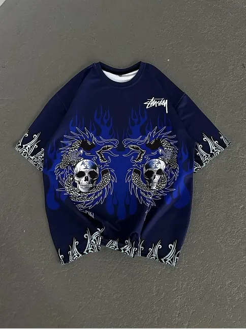 Unisex Bisiklet Yaka Baskılı Oversize T-shirt - Lacivert