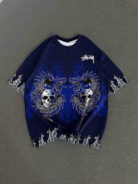 Unisex Bisiklet Yaka Baskılı Oversize T-shirt - Lacivert