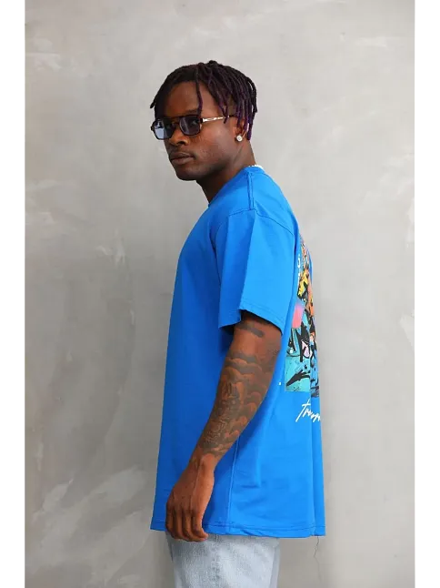 Erkek Bisiklet Yaka Baskılı Oversize T-shirt - Mavi