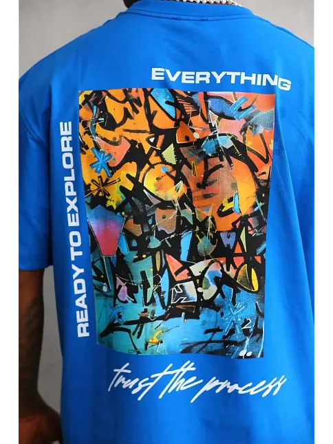 Erkek Bisiklet Yaka Baskılı Oversize T-shirt - Mavi