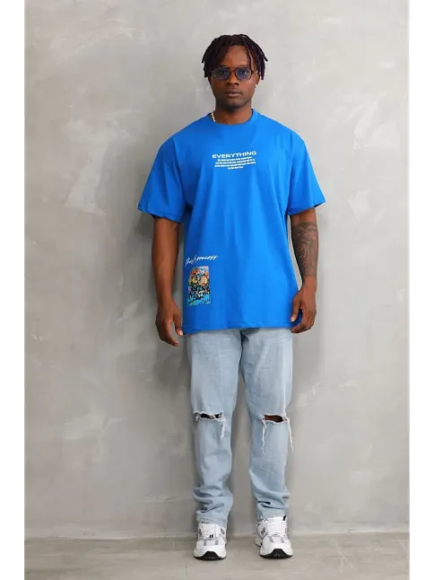 Erkek Bisiklet Yaka Baskılı Oversize T-shirt - Mavi