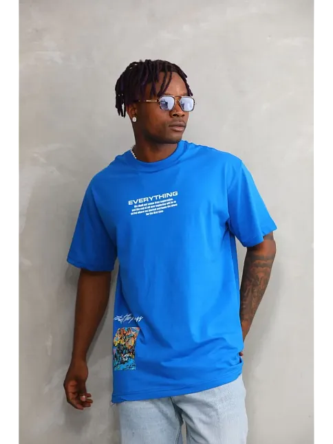 Erkek Bisiklet Yaka Baskılı Oversize T-shirt - Mavi