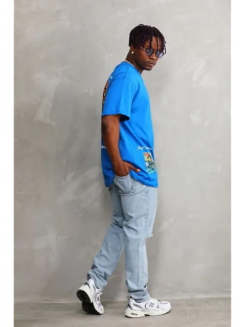Erkek Bisiklet Yaka Baskılı Oversize T-shirt - Mavi