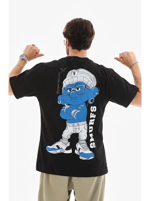 Erkek Kısa Kol Yazlık Tişört Bisiklet Yaka Baskılı Oversize T-shirt - Siyah