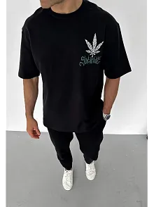 Erkek Baskılı T-shirt Kısa Kol Bisiklet Yaka Regular Fit Rahat Kalıp Günlük Tişört - Siyah