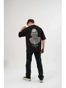 Kadın Baskılı T-shirt Kısa Kol Bisiklet Yaka Oversize Rahat Kalıp Günlük Tişört   - Siyah