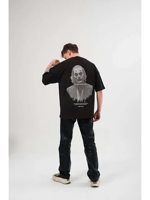 Kadın Baskılı T-shirt Kısa Kol Bisiklet Yaka Oversize Rahat Kalıp Günlük Tişört   - Siyah