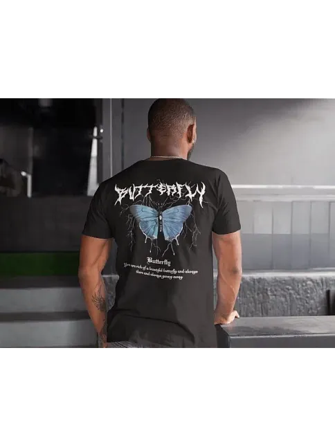 Erkek Tişort  Bisiklet Yaka Kelebek Baskılı Kısa Kol T-shirt - Siyah