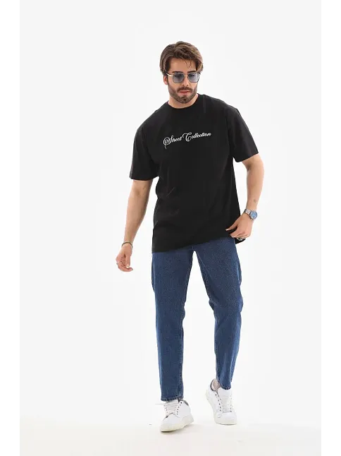 Erkek Kısa Kol Yazlık Tişört Bisiklet Yaka Baskılı Oversize T-shirt - Siyah