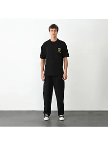 Erkek Kısa Kol Yazlık Tişört Bisiklet Yaka Baskılı Oversize T-shirt - Siyah