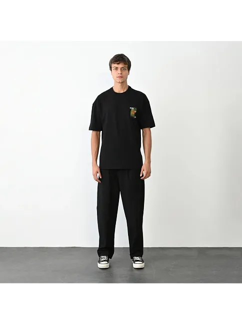 Erkek Kısa Kol Yazlık Tişört Bisiklet Yaka Baskılı Oversize T-shirt - Siyah