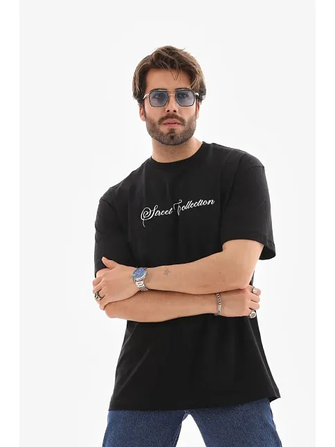 Erkek Kısa Kol Yazlık Tişört Bisiklet Yaka Baskılı Oversize T-shirt - Siyah