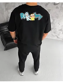 Erkek Kısa Kol Tişört Bisiklet Yaka Rick And Morty Baskılı T-shirt - Siyah
