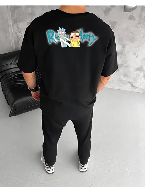 Erkek Kısa Kol Tişört Bisiklet Yaka Rick And Morty Baskılı T-shirt - Siyah