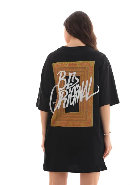 Kadın Baskılı T-shirt Kısa Kol Bisiklet Yaka Oversize Rahat Kalıp Tişört - Siyah