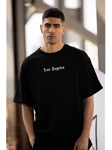 Erkek Kısa Kol Yazlık Tişört Bisiklet Yaka Baskılı Oversize T-shirt - Siyah