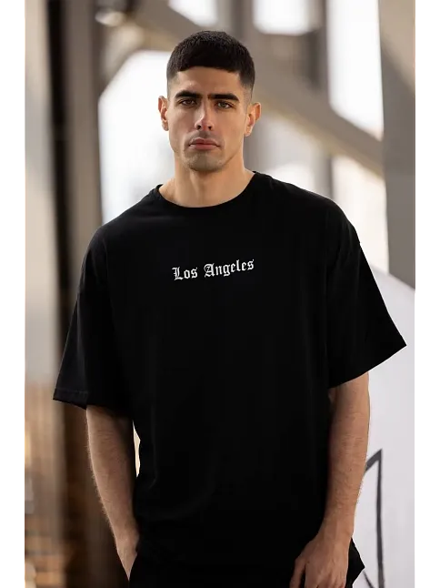 Erkek Kısa Kol Yazlık Tişört Bisiklet Yaka Baskılı Oversize T-shirt - Siyah