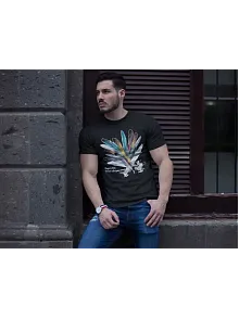 Erkek Bisiklet Yaka Baskılı Kısa Kol T-shirt - Siyah