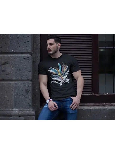 Erkek Bisiklet Yaka Baskılı Kısa Kol T-shirt - Siyah