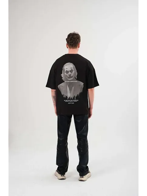 Kadın Baskılı T-shirt Kısa Kol Bisiklet Yaka Oversize Rahat Kalıp Günlük Tişört   - Siyah