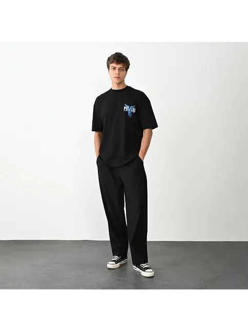 Erkek Baskılı T-shirt Kısa Kol Bisiklet Yaka Regular Fit Rahat Kalıp Günlük Tişört - Siyah