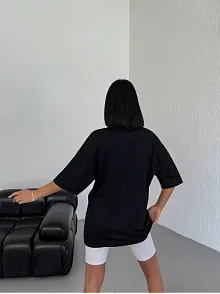 Kadın Baskılı T-shirt Kısa Kol Bisiklet Yaka Oversize Rahat Kalıp Günlük Tişört - Siyah
