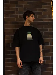 Erkek Kısa Kol Yazlık Tişört Bisiklet Yaka Baskılı Oversize T-shirt - Siyah