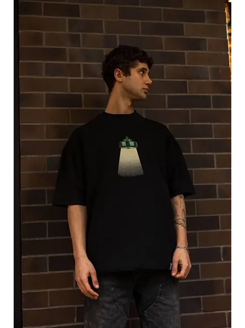 Erkek Kısa Kol Yazlık Tişört Bisiklet Yaka Baskılı Oversize T-shirt - Siyah