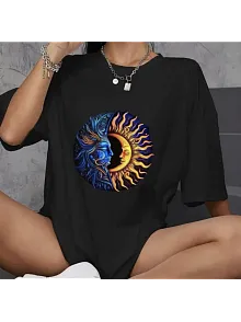 Kadın Baskılı T-shirt Kısa Kol Bisiklet Yaka Oversize Rahat Kalıp Günlük Tişört   - Siyah