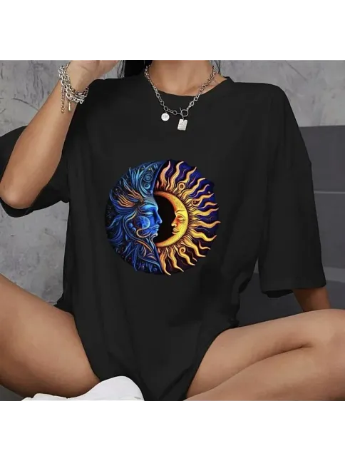 Kadın Baskılı T-shirt Kısa Kol Bisiklet Yaka Oversize Rahat Kalıp Günlük Tişört   - Siyah