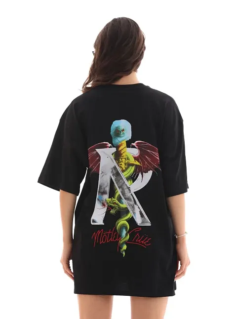 Kadın Baskılı T-shirt Kısa Kol Bisiklet Yaka Regular Fit Rahat Kalıp Günlük Tişört -siyah
