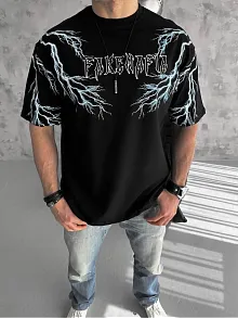 Erkek Bisiklet Yaka Yıldırım Baskılı  Kısa Kol T-shirt-siyah